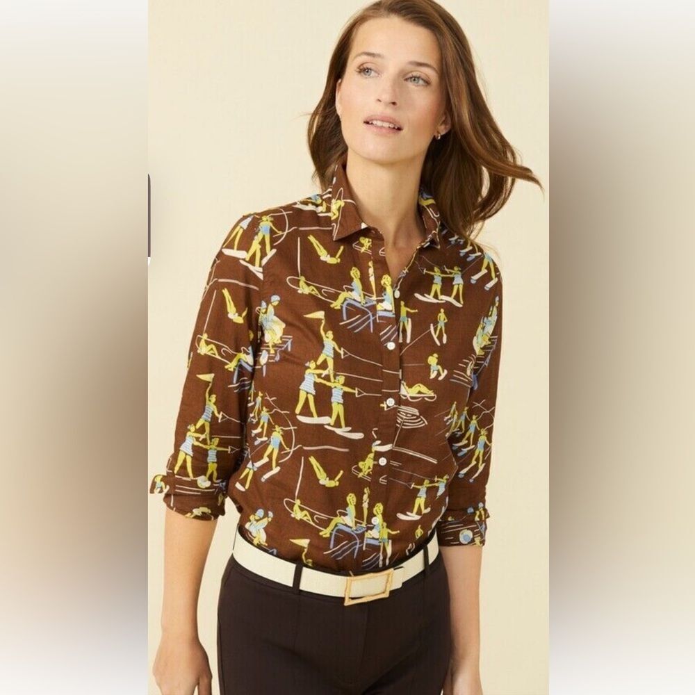J McLaughlin Lois blouse, brown background, water sports print